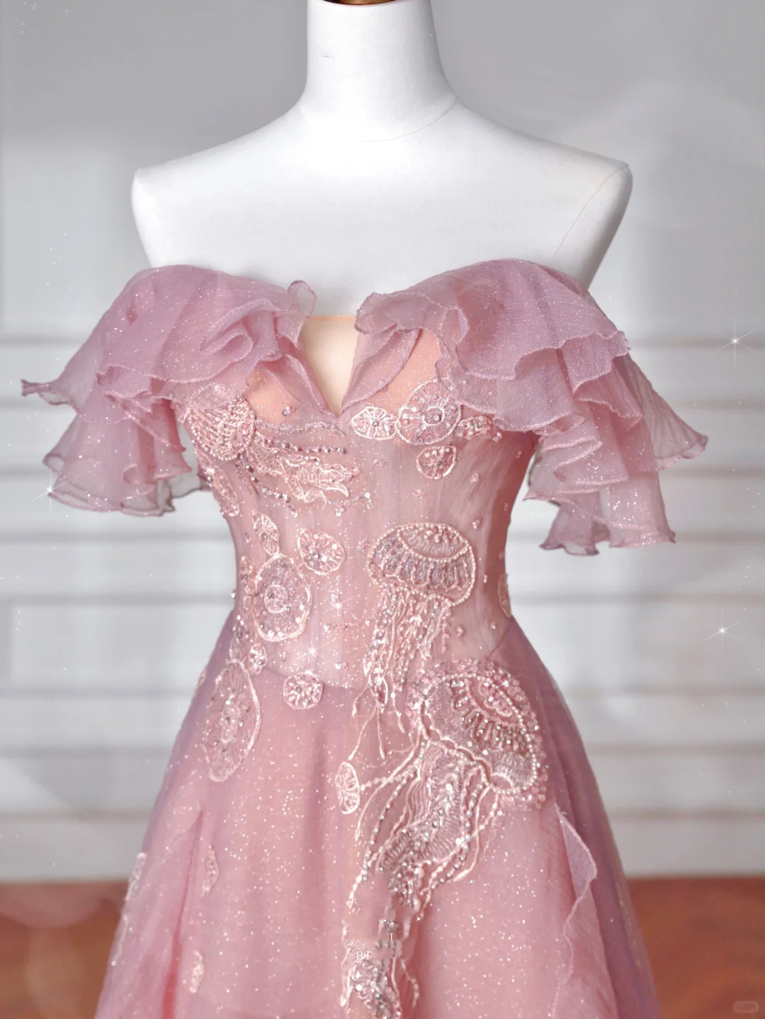 Vestido de fiesta largo de noche, corte en A, de tul rosa dulce, lentejuelas y cuentas, con hombros descubiertos Y8643