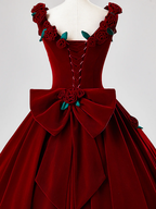 Precioso vestido de quinceañera de terciopelo burdeos, vestido de baile de cumpleaños con flores de rosas Y7750