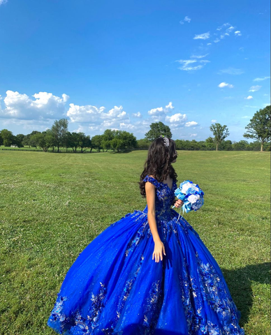 Robe de bal bleu royal pour quinceañera, bustier cœur fleuri 3D, robe de soirée pour les 15 et 16 ans (Y2821)