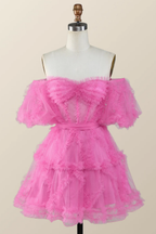 Robe de bal courte trapèze rose fuchsia à épaules dénudées et volants Y2783