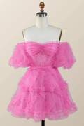 Robe de bal courte trapèze rose fuchsia à épaules dénudées et volants Y2783