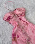 Vestido de noche rosa de gasa con estampado floral y volantes, corte halter, estilo sirena, modelo Y8306
