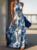 Nouvelle robe de soirée bleue Y8480, sans manches, en satin imprimé floral, col halter, coupe trapèze