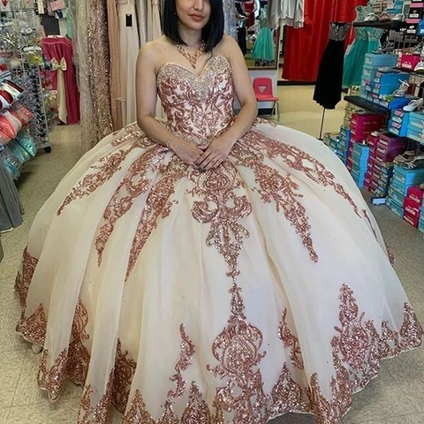 Vestido de quinceañera rosa dorado brillante estilo princesa, estilo vintage, escote corazón, apliques de encaje y lentejuelas, modelo Y6523
