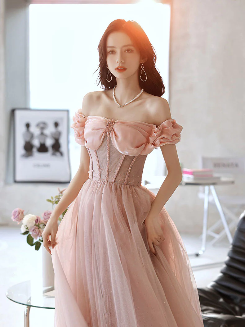 Vestido largo de fiesta rosa con escote corazón, tul y cuentas, vestido de noche rosa, Y2406