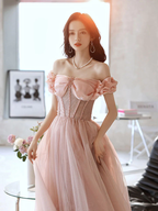 Vestido largo de fiesta rosa con escote corazón, tul y cuentas, vestido de noche rosa, Y2406