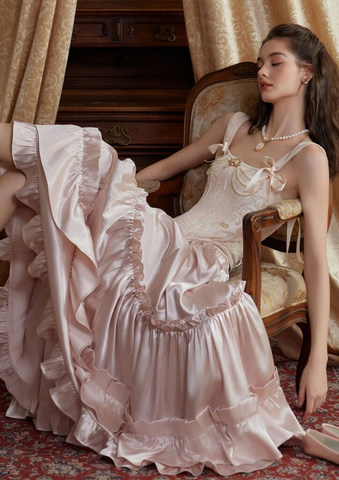 Classy Pink Satin Beaded Ruffle Prom Dress A Line Long Evening Dress Y8373