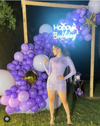 Robe de fête d'anniversaire violette à manches longues et col montant avec pompons, robe de bal violette Y2565