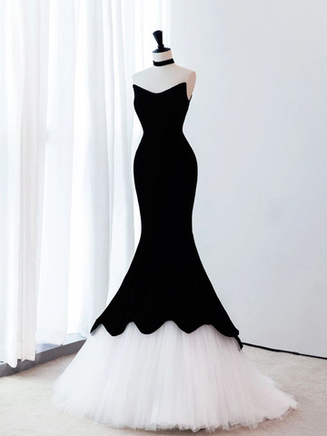 Black Mermaid Velvet Tulle Long Prom Dress Evening Dress Y4678
