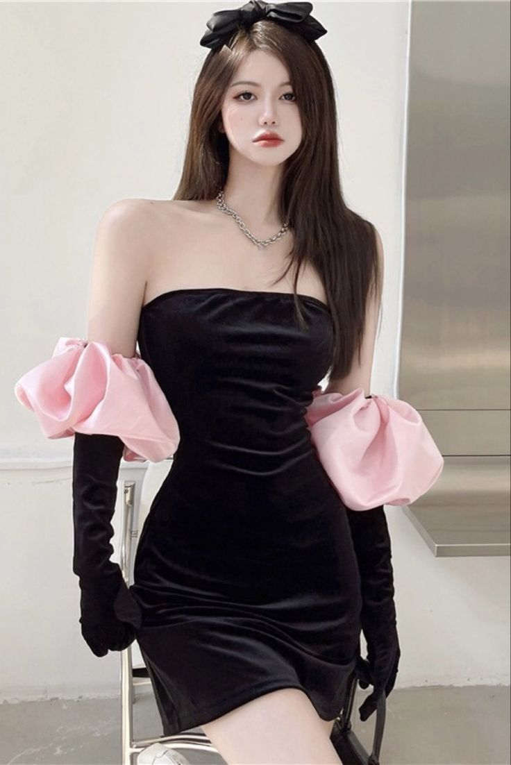Vestido negro sexy sin tirantes para baile de bienvenida, vestido negro de fiesta Y2381