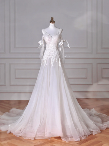 Fairy White V Neck Tulle Lace Appliques Mermaid Evening Dress,Long Wedding Dress Y8636