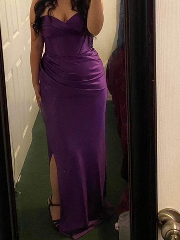 Vestido de noche de fiesta vintage morado sin tirantes con abertura, de satén Y8113