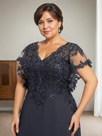 Vestido de novia de corte A, escote en V, largo hasta el suelo, de gasa de encaje con lentejuelas para la madre de la novia 