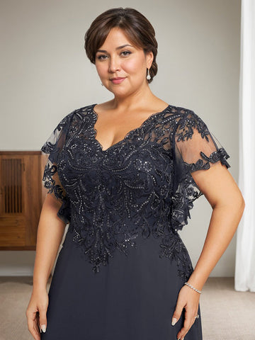 Vestido de novia de corte A, escote en V, largo hasta el suelo, de gasa de encaje con lentejuelas para la madre de la novia 