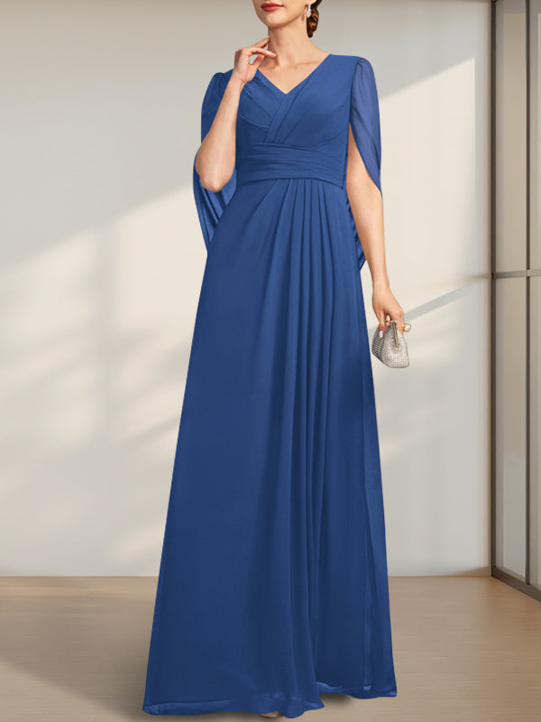 Robe de mère de la mariée en mousseline de soie, coupe trapèze, col en V, longueur au sol, avec plis.