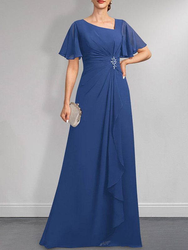 Robe de mariée asymétrique en mousseline de soie, coupe trapèze, longueur au sol, ornée de plis, de perles et de sequins, idéale pour la mère de la mariée.