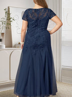 Robe sirène bleu marine foncé à sequins et tulle, décolleté rond, robe en tulle bleu marine foncé