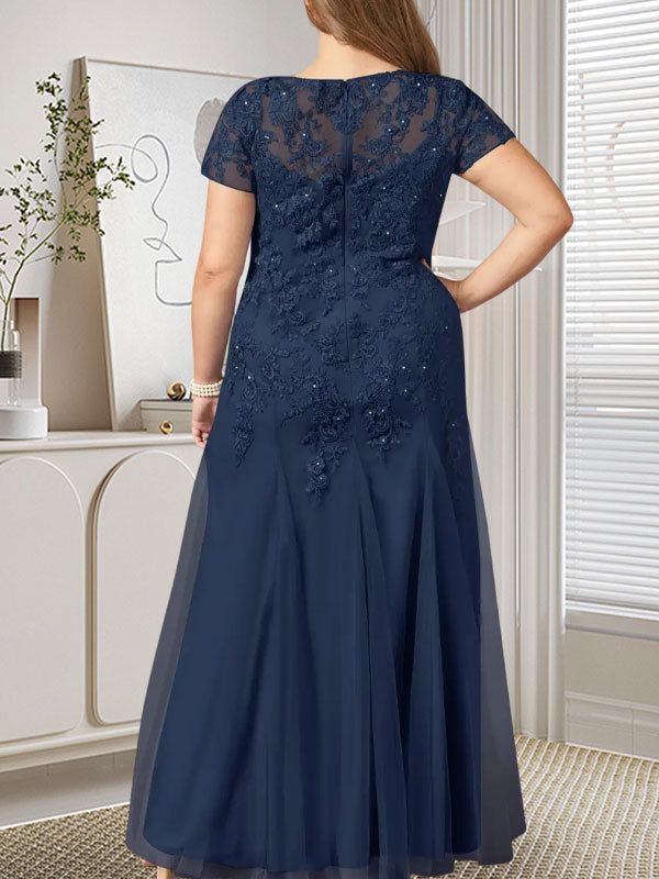 Robe sirène bleu marine foncé à sequins et tulle, décolleté rond, robe en tulle bleu marine foncé