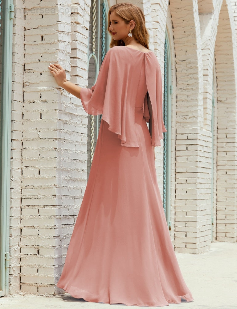 Vestido de dama de honor Sunderly para mujer, manga larga, cuello en V, de gasa, vestido formal de fiesta de boda SY28018