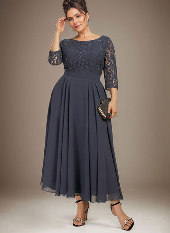 A-line Scoop Tea-Length Lace Chiffon Mother of the Bride Dress With Sequins