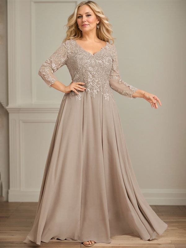 Robe de mère de la mariée en mousseline de dentelle, coupe trapèze, col en V, longueur au sol, ornée de sequins 