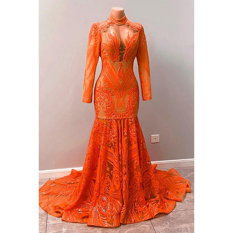 Unique High Neckline Sequins Appliques Long Sleeves America Mermaid Prom Dress
