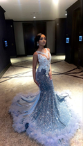 Vestido de noche de sirena con lentejuelas azules, satén y apliques, estilo sirena, modelo Y7879