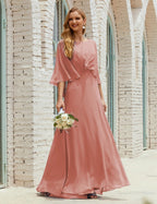 Vestido de dama de honor Sunderly para mujer, manga larga, cuello en V, de gasa, vestido formal de fiesta de boda SY28018