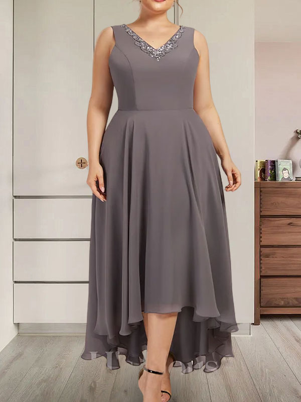Vestido de corte A, escote en V, asimétrico, de gasa, para la madre de la novia, con lentejuelas y pedrería.