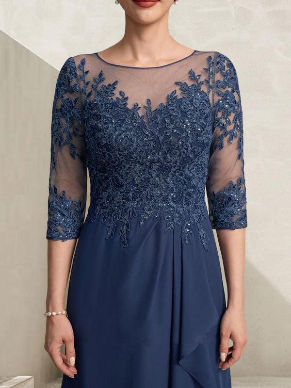Vestido de madrina de la novia, corte asimétrico, escote ilusión, encaje y gasa, con lentejuelas y volantes en cascada.