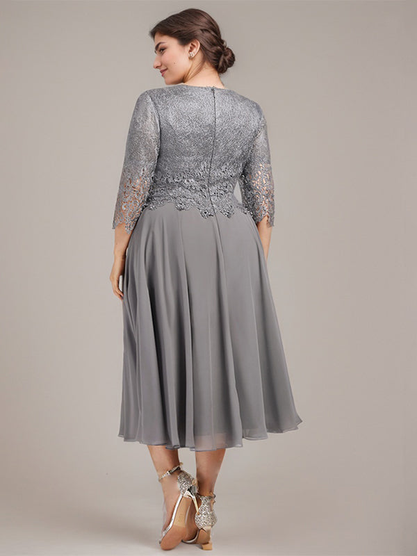 Vestido de corte A con escote redondo y largo hasta la rodilla en gasa de encaje para la madre de la novia 