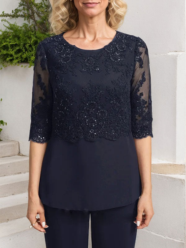 Vestido de novia de gasa con encaje y lentejuelas, estilo mono/traje pantalón, largo hasta el suelo, con escote redondo.