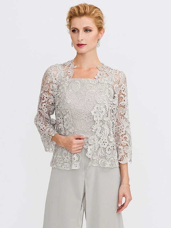 Traje pantalón de chifón de tres piezas con escote cuadrado y chaqueta para la madre de la novia 
