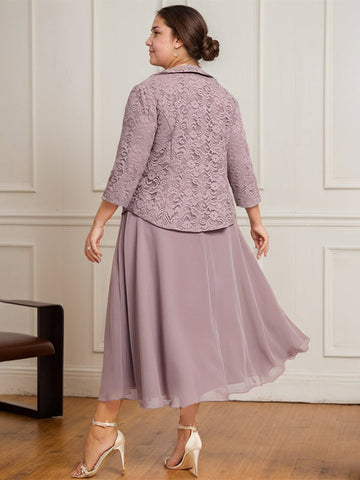 A-line Scoop Tea-Length Lace Chiffon Mother of the Bride Dress