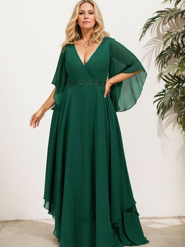 Vestido de corte A, escote en V, largo hasta el suelo, de gasa, para la madre de la novia, con apliques de lentejuelas, encaje y pedrería. 