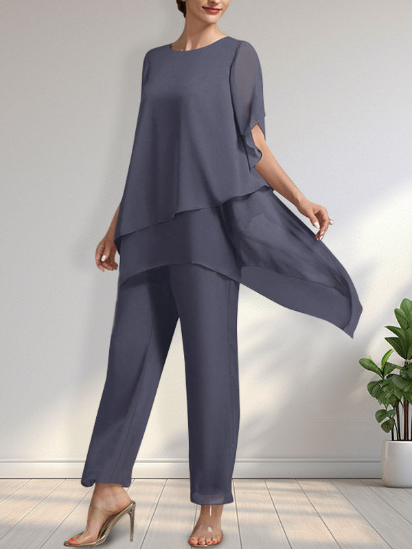 Vestido de gasa de dos piezas para la madre de la novia: mono/traje pantalón con escote redondo y largo hasta el tobillo.