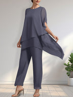 Vestido de gasa de dos piezas para la madre de la novia: mono/traje pantalón con escote redondo y largo hasta el tobillo.