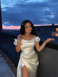 Vestido largo de noche blanco satinado con hombros descubiertos, vestido de noche blanco, Y2514
