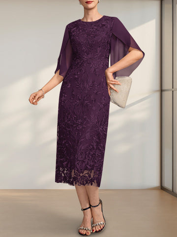 Sheath/Column Scoop Tea-Length Lace Chiffon Mother of the Bride Dress