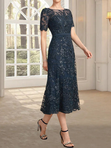 A-line Scoop Illusion Tea-Length Lace Mother of the Bride Dress With Sequins