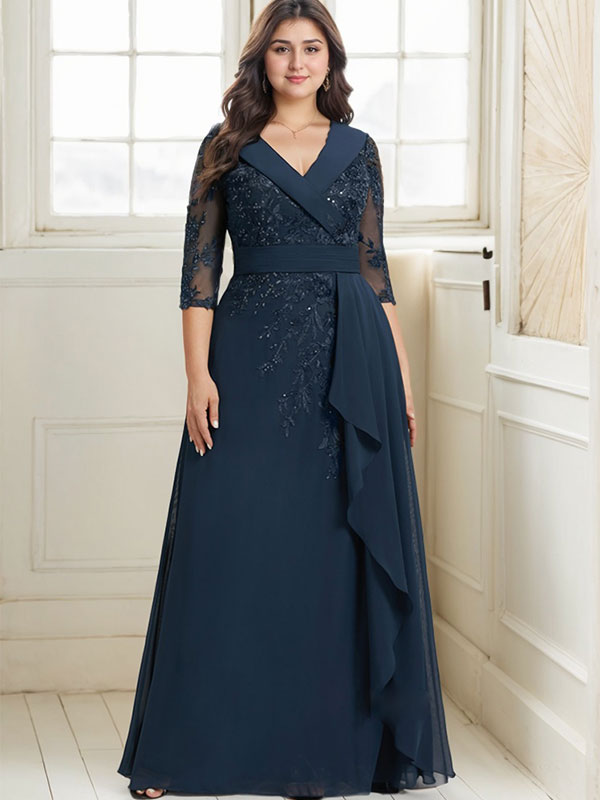 Vestido de novia de corte línea A, cuello en V, largo hasta el suelo, de encaje y gasa, con lentejuelas y volantes en cascada. 
