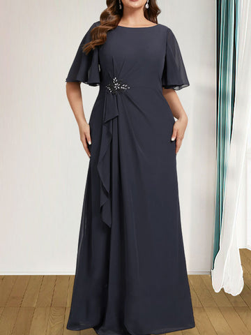 A-line Scoop Floor-Length Chiffon Mother of the Bride Dress With Cascading Ruffles Beading Sequins