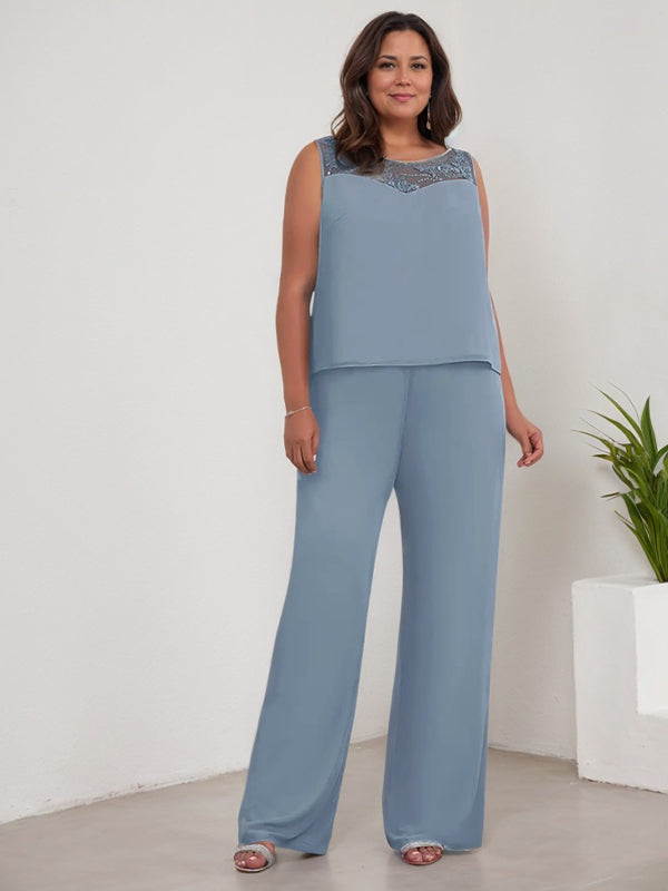 Tailleur-pantalon en mousseline à manches longues et col rond pour la mère de la mariée, avec veste 