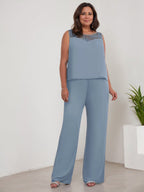 Tailleur-pantalon en mousseline à manches longues et col rond pour la mère de la mariée, avec veste 