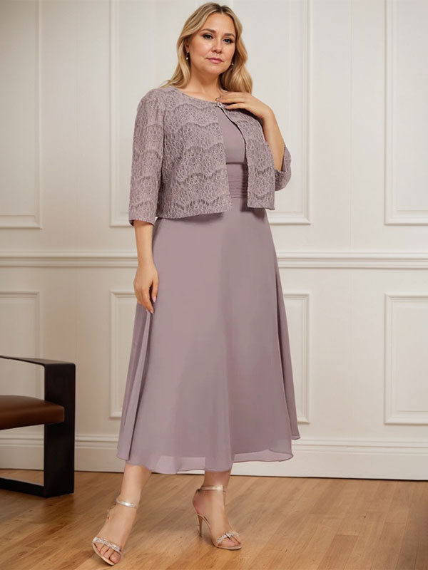 Vestido de chifón de corte línea A, largo té, para la madre de la novia, con escote redondo y pliegues.