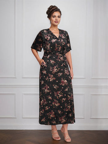 Robe vintage unie en velours, col V, manches courtes, longueur thé, idéale pour la mère de la mariée, avec fente. 