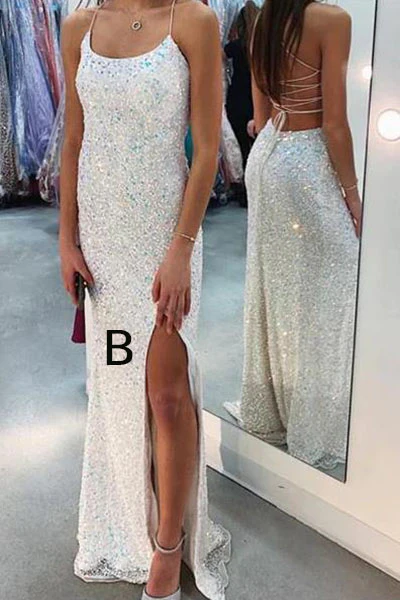 Robe de soirée sirène blanche à sequins et fines bretelles spaghetti Y8071
