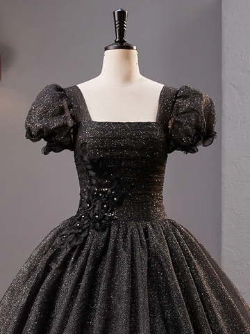 Black Square Neckline Tulle Long Prom Dress Shiny Black Evening Dresses Y4386