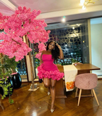 Robe de bal courte plissée rose fuchsia sans bretelles, modèle Y7853