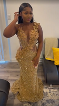 Vestido de noche de sirena con apliques de lentejuelas doradas de lujo Y7880